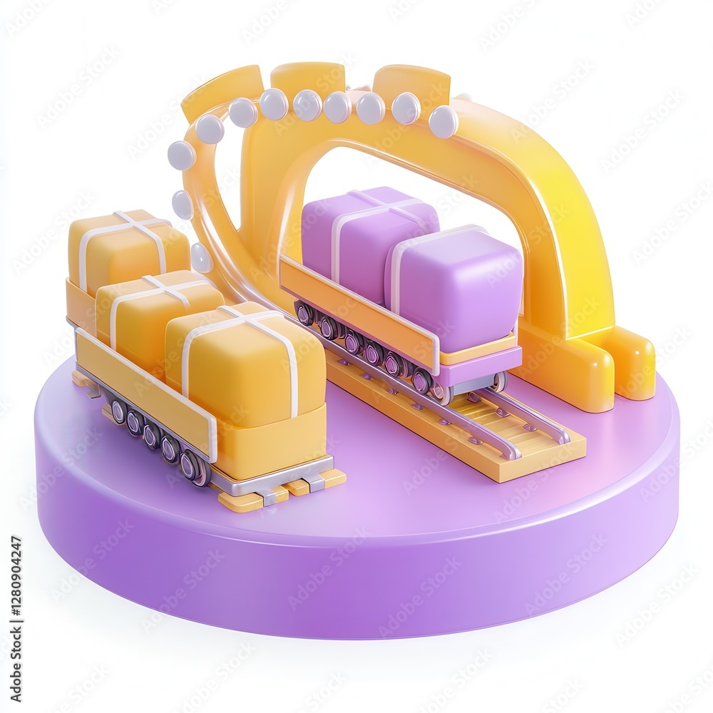 Poster a colorful 3d model of a train transporting gift boxes on a circular track with a vibrant purple and