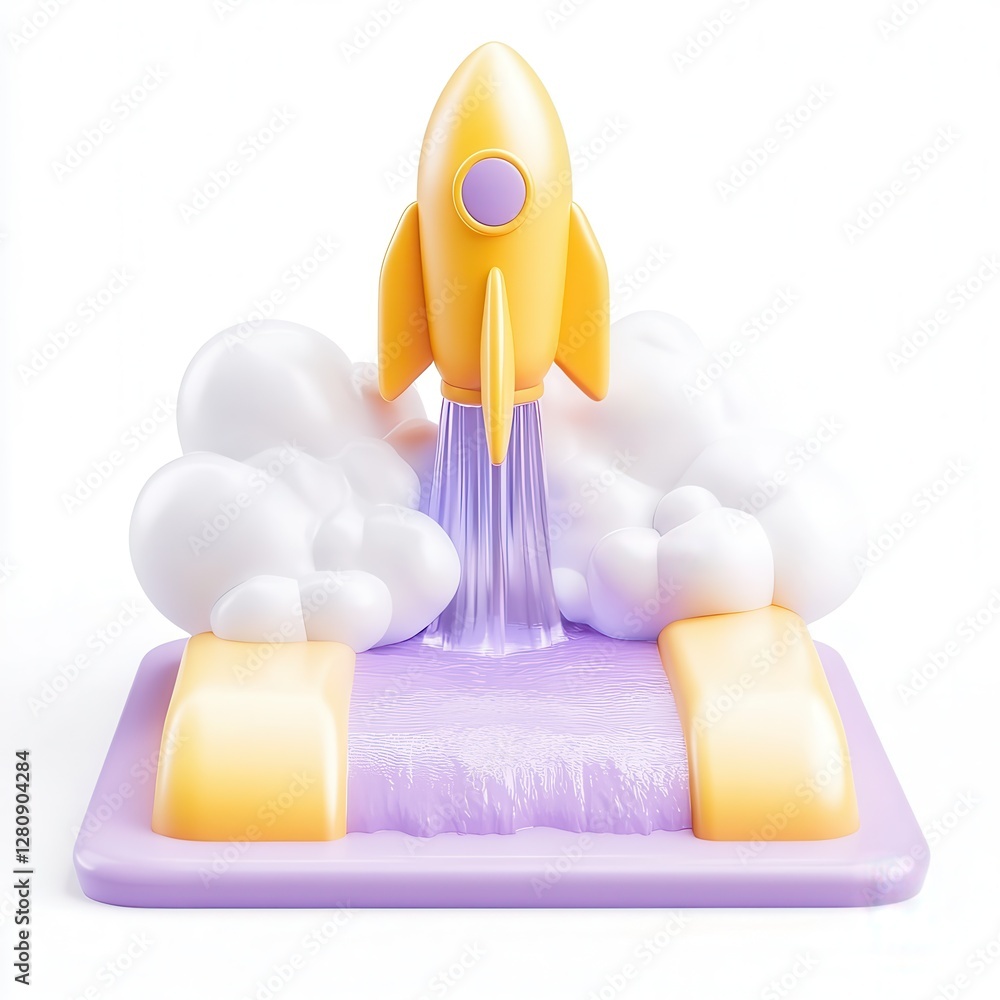 Poster a colorful 3d rocket taking off from a stylized platform surrounded by fluffy clouds.