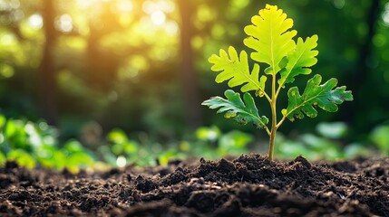 A close-up of a vibrant oak sapling planted in rich soil, warm golden sunlight filtering through lush green leaves, soft blurred forest background