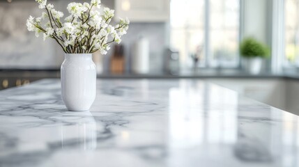 A polished marble countertop set against a softly blurred kitchen background with muted tones,  