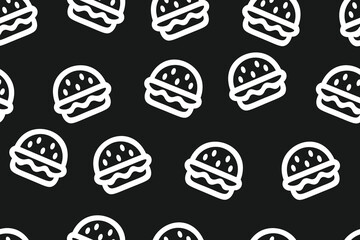 White Hamburger Burger Icons on Black Background Seamless Vector Pattern