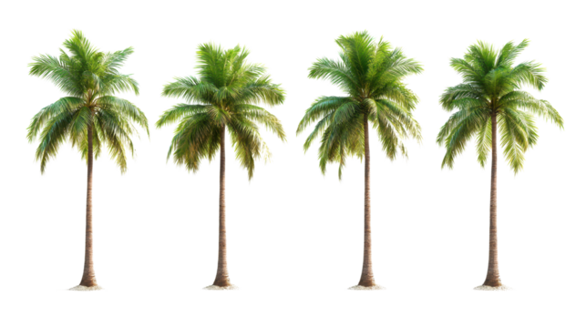 Group of tropical palm trees, vibrant green foliage, ideal for summer themes, beach vibes, or outdoor relaxation. Isolated on white background or PNG