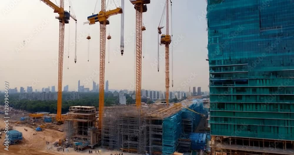Poster construction site with multiple tower cranes and buildings under construction with workers in daylig