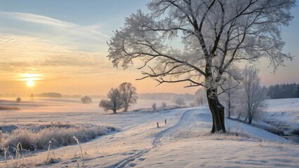Ethereal Winter Dawn with Golden Sunrise Over Frozen Landscape