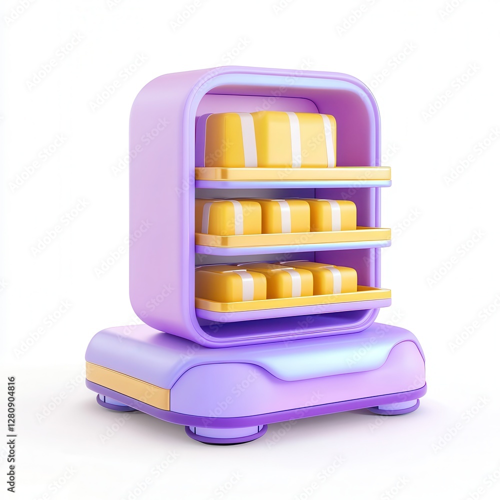 Poster a colorful 3d model of a refrigerator displaying neatly stacked packages on shelves.
