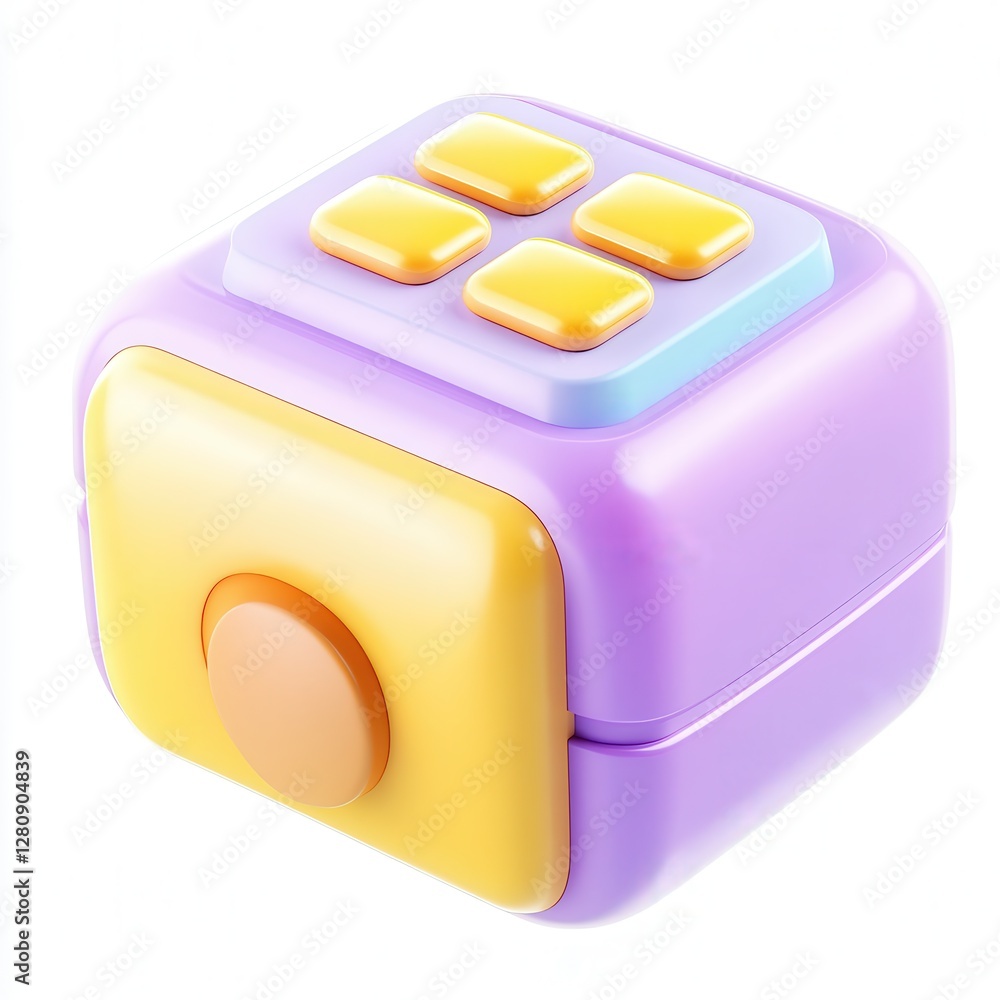 Poster a colorful toy box with buttons, designed with smooth curves and vibrant colors, creating an appeali