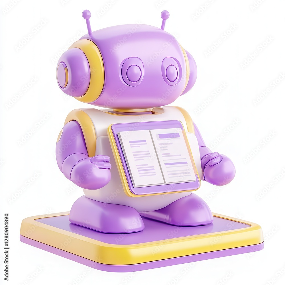Poster a cute purple and yellow cartoon robot sitting on a platform, displaying a screen with a document in