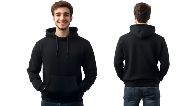 Portrait of a happy handsome american young attractive man, wearing a black hoodie sweater and jeans, front and back view