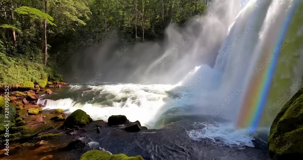 Poster waterfall flowing over the cascade with the sunlight, green trees and the rainbow
