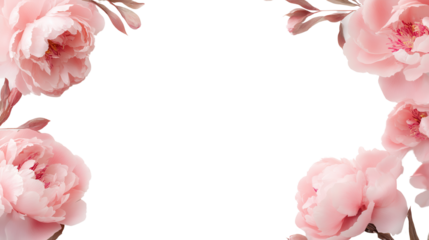 Delicate pink flowers framing a blank space, vibrant blossoms with soft petals, ideal for invitations or nature-themed designs. Isolated on white background or PNG