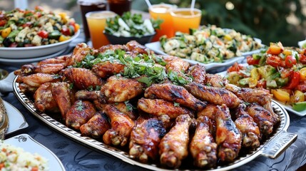 A vibrant spread of various dishes, prominently featuring grilled chicken wings.