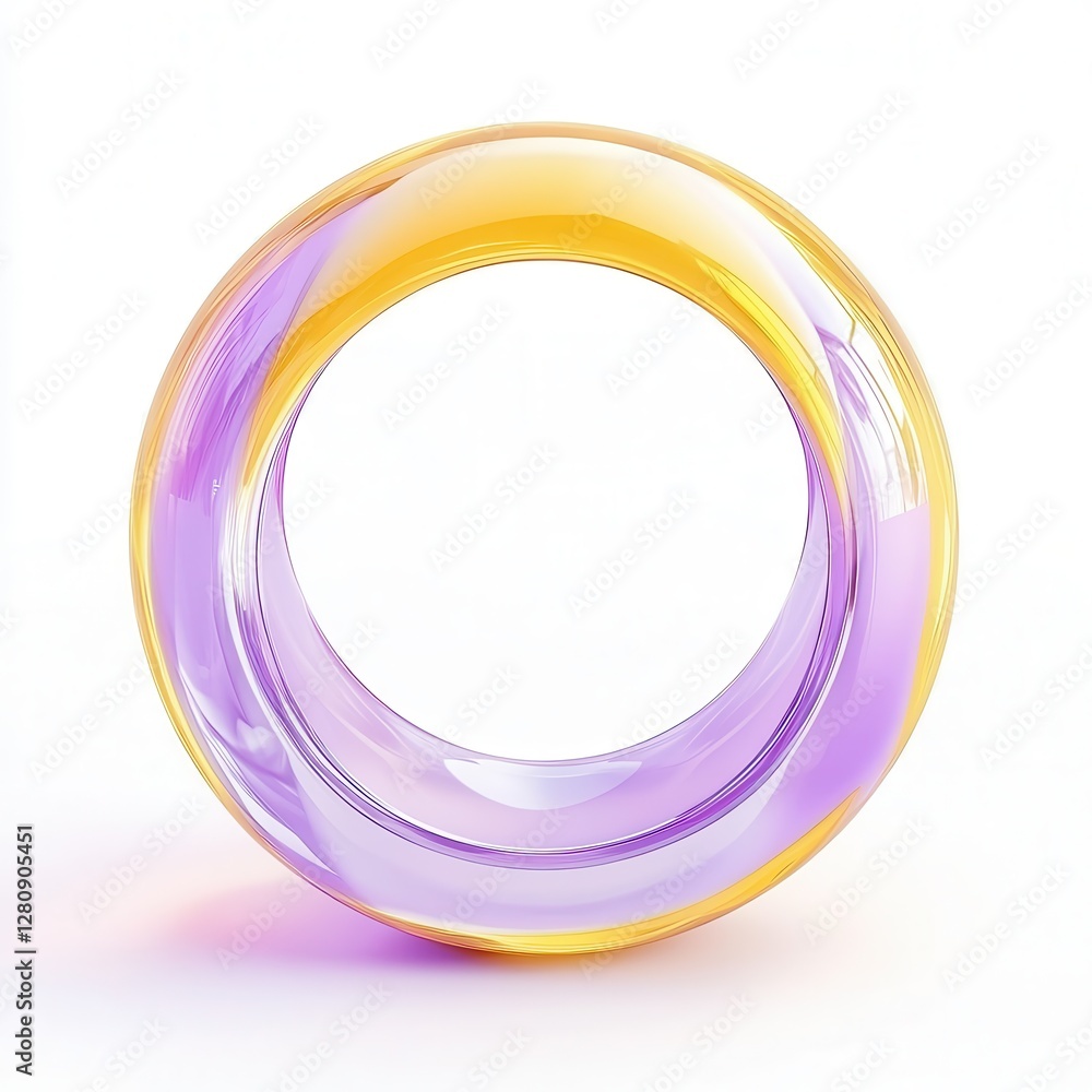 Poster a translucent, circular object showcasing a blend of purple and yellow hues in a 3d style.