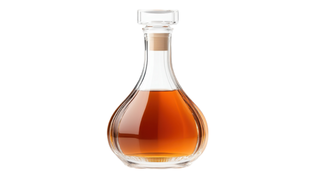 Elegant glass decanter filled with rich amber liquid, accentuating sophistication and ideal for wine or spirits presentation. Isolated on white background or PNG