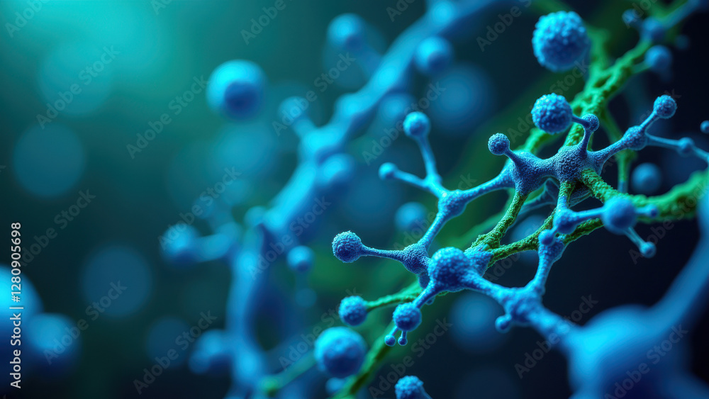 Poster close-up view of a semaglutide molecule with blue illuminated spheres highlighting its structure wit