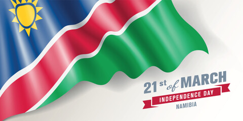 Namibia independence day vector banner, greeting card. Namibian wavy flag in 21st of March national patriotic holiday horizontal design