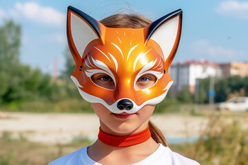 Child wearing fox mask in outdoor setting for imaginative play and costume design