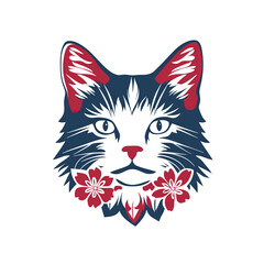 Stylish Blue Cat Portrait with Cherry Blossoms