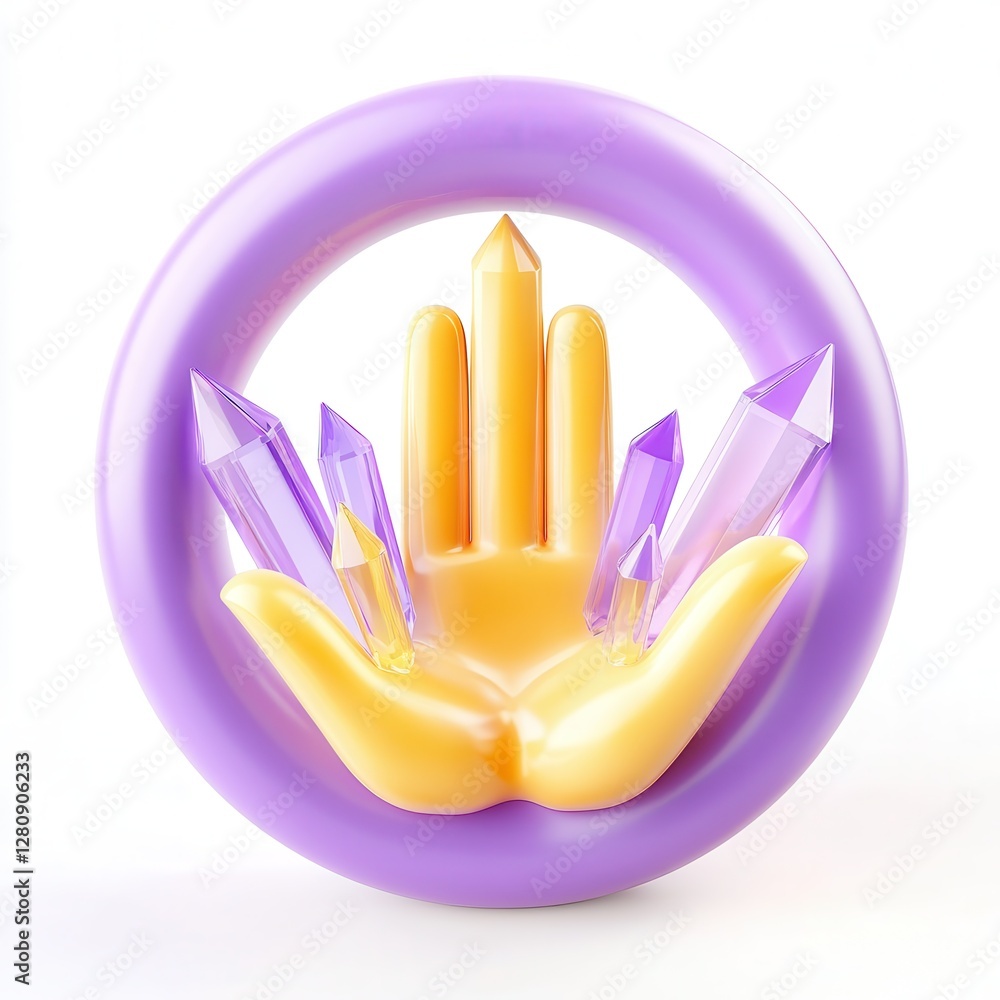 Poster a stylized 3d rendering of a hand holding colorful crystals within a circular frame, emphasizing cre
