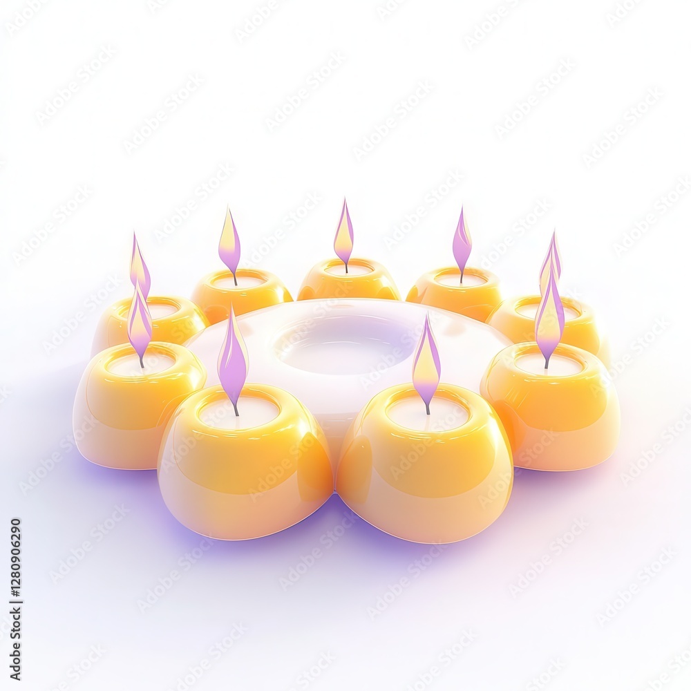 Poster a set of decorative yellow candles arranged in a circular pattern, each with a small flame on top, c