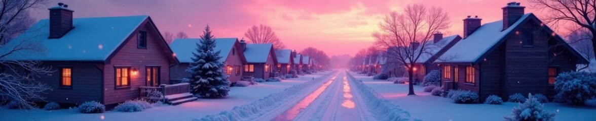 Soft pink light on townhomes, snowflakes gently falling, snowflakes, peaceful dusk