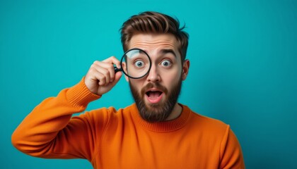 Obraz premium Man with Magnifying Glass Surprised Expression Orange Sweater