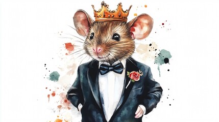 Watercolor Illustration of an Elegant Mouse in Tuxedo
