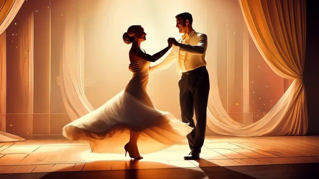 An elegant man and a beautiful woman in a stunning dress dance romantically in a soft-lit setting, embodying grace, passion, and the timeless art of dance in a captivating moment.