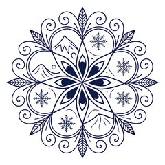 Winter Mandala Art: Snowflake, Mountain, and Floral Design - Decorative Circular Ornament for Holiday Season, Vector Illustration