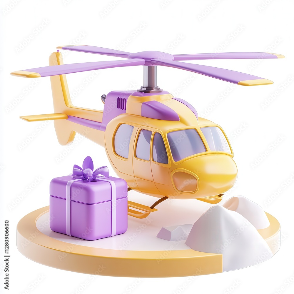 Poster a colorful helicopter model with a gift box on a display base.