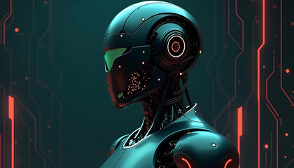 Futuristic Humanoid Robot in Profile View – Sleek Teal Design with Green Visor, Glowing Red Accents, and Cybernetic Details – Sci-Fi Artificial Intelligence Concept
