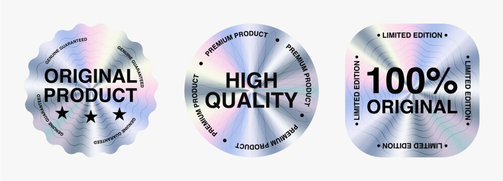 Set of holographic original product stickers, holographic labels with metallic texture