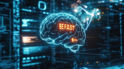 A glowing brain with highlighted areas, faint acronym "BE FAST" overlaid, soft focus medical tools in background, stroke recognition concept