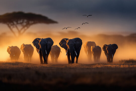 Fototapeta Elephant herd walking in golden light