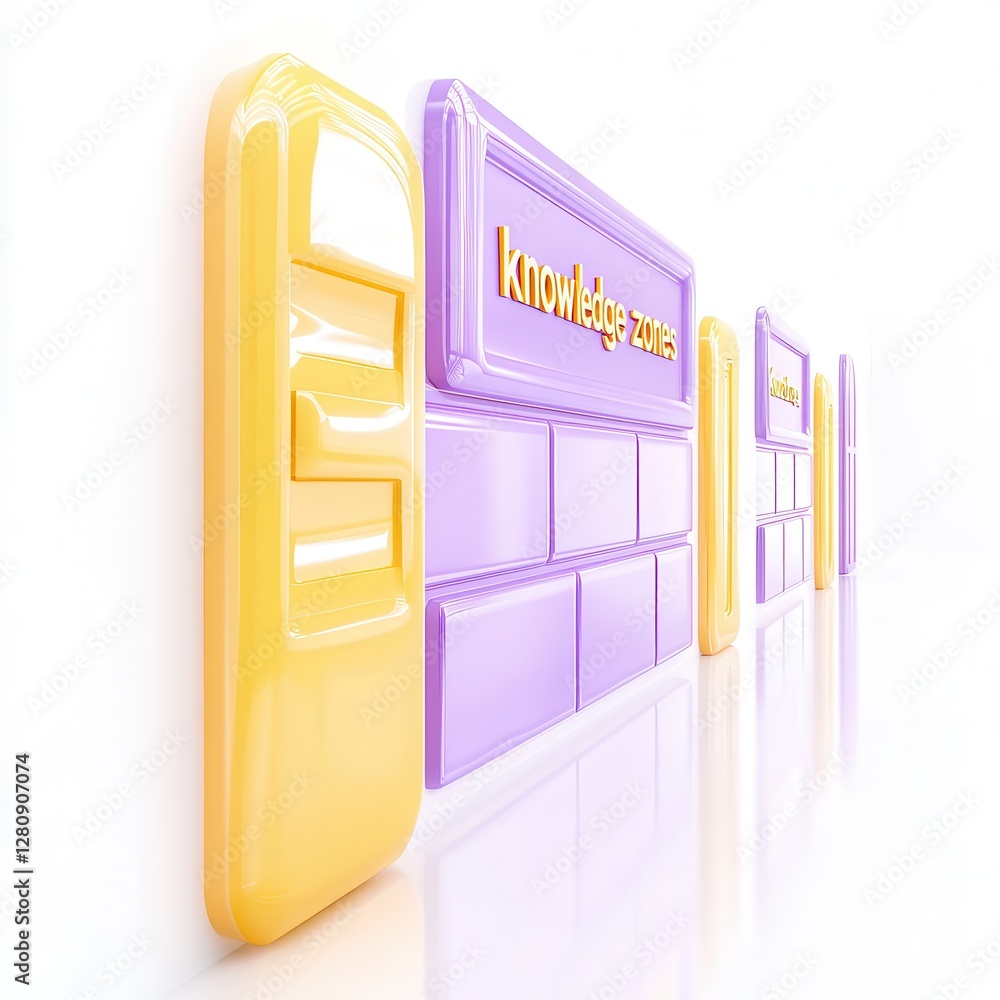 Poster a 3d render of colorful blocks with the words 'knowledge zones' on a bright background.