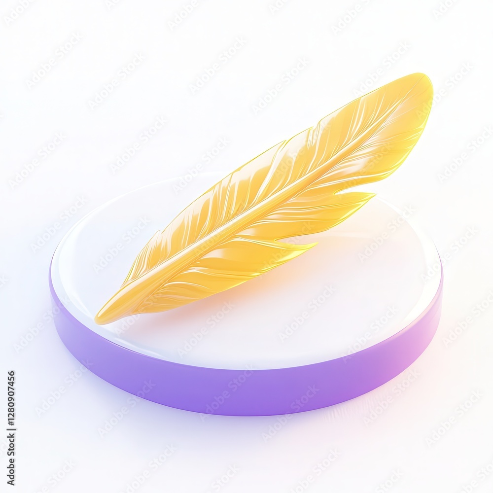 Poster a shiny golden feather placed elegantly on a round base with a gradient purple edge, reflecting ligh