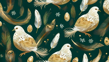 Elegant seamless pattern with hand-painted golden quail feathers, silk ribbons, and delicate floral accents, creating a refined, sophisticated design.