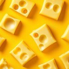 Swiss Cheese Cubes with Holes Arranged on Bright Yellow Seamless Backdrop