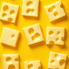 Swiss Cheese Squares with Holes on Yellow Background Studio Shot