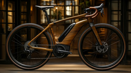 Obraz premium Concept: Elegance on Two Wheels: An Exquisite Wooden Electric Bicycle, Eco-Friendly Mode of Transport