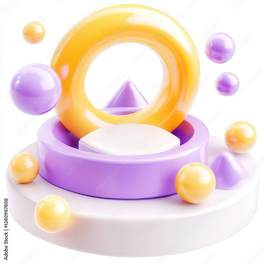 Poster a colorful abstract 3d composition featuring circular and spherical shapes in soft pastel colors.