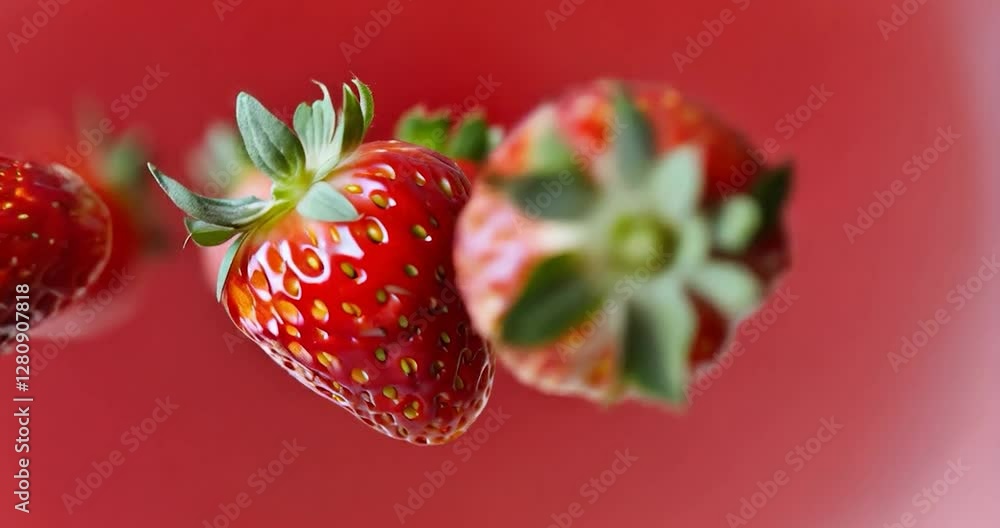 Poster Close-up of red strawberries on red background macro style
