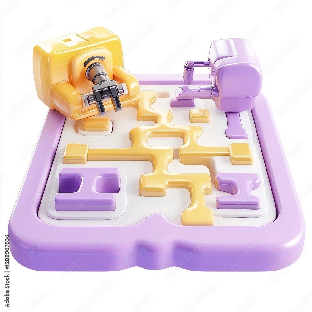 Poster a colorful game board featuring robotic arms interacting with the playful maze-like layout.