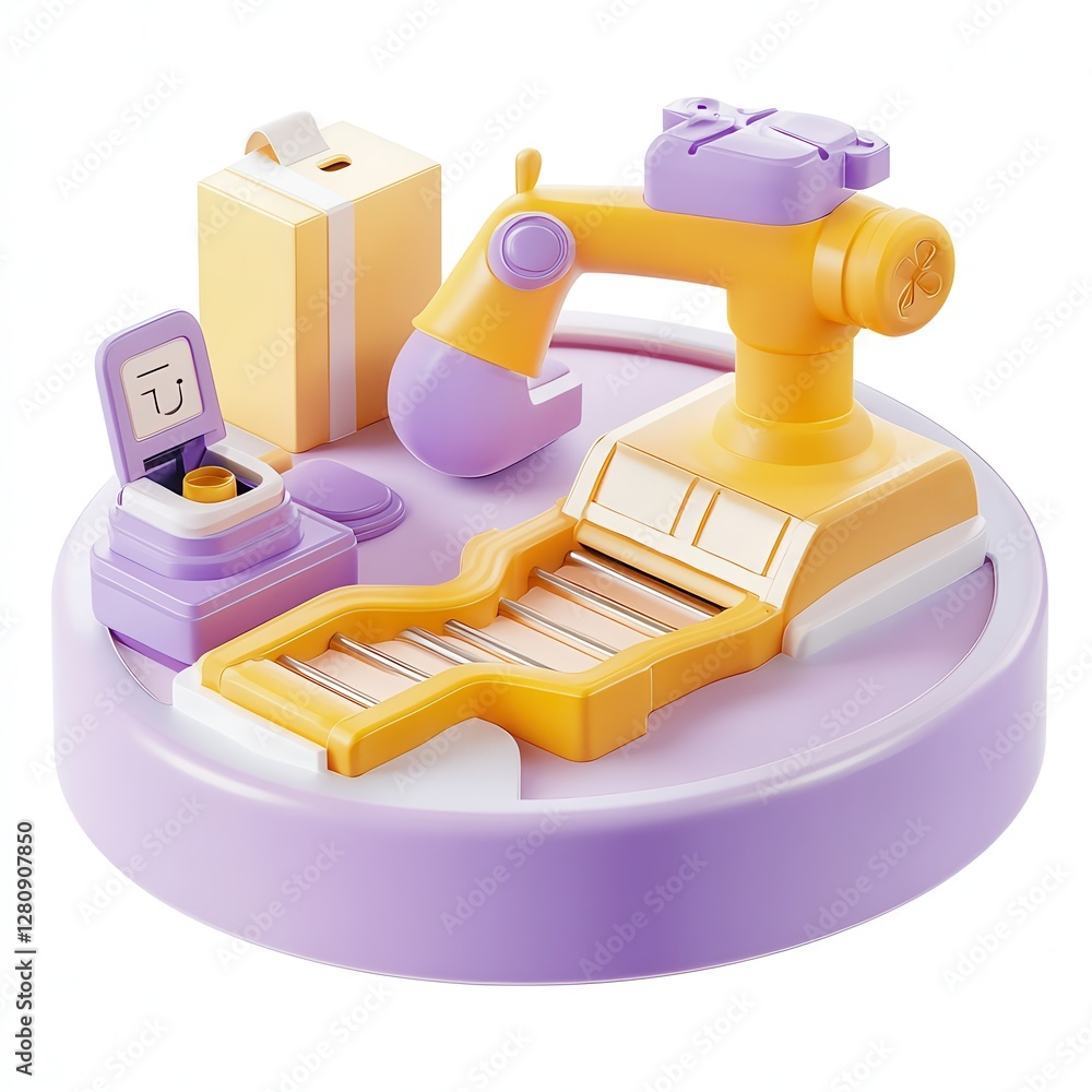 Poster a colorful 3d model depicting a robotic arm on a circular base with a box and a small figure, showca