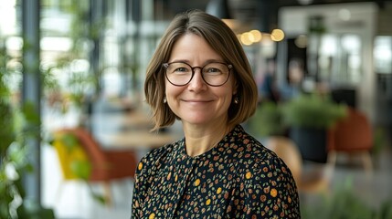 A happy businesswoman, head and shoulders portrait, wearing glasses, standing in a modern office, soft window light from left