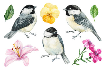 Birds and flowers. Watercolor black capped chickadee birds wildlife painting realistic nature illustration for prints © Hanna