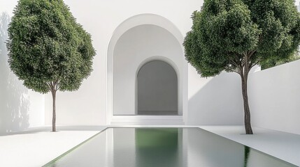 Symmetrical White Courtyard Featuring a Reflective Pool and Round Trees in Minimalist Style