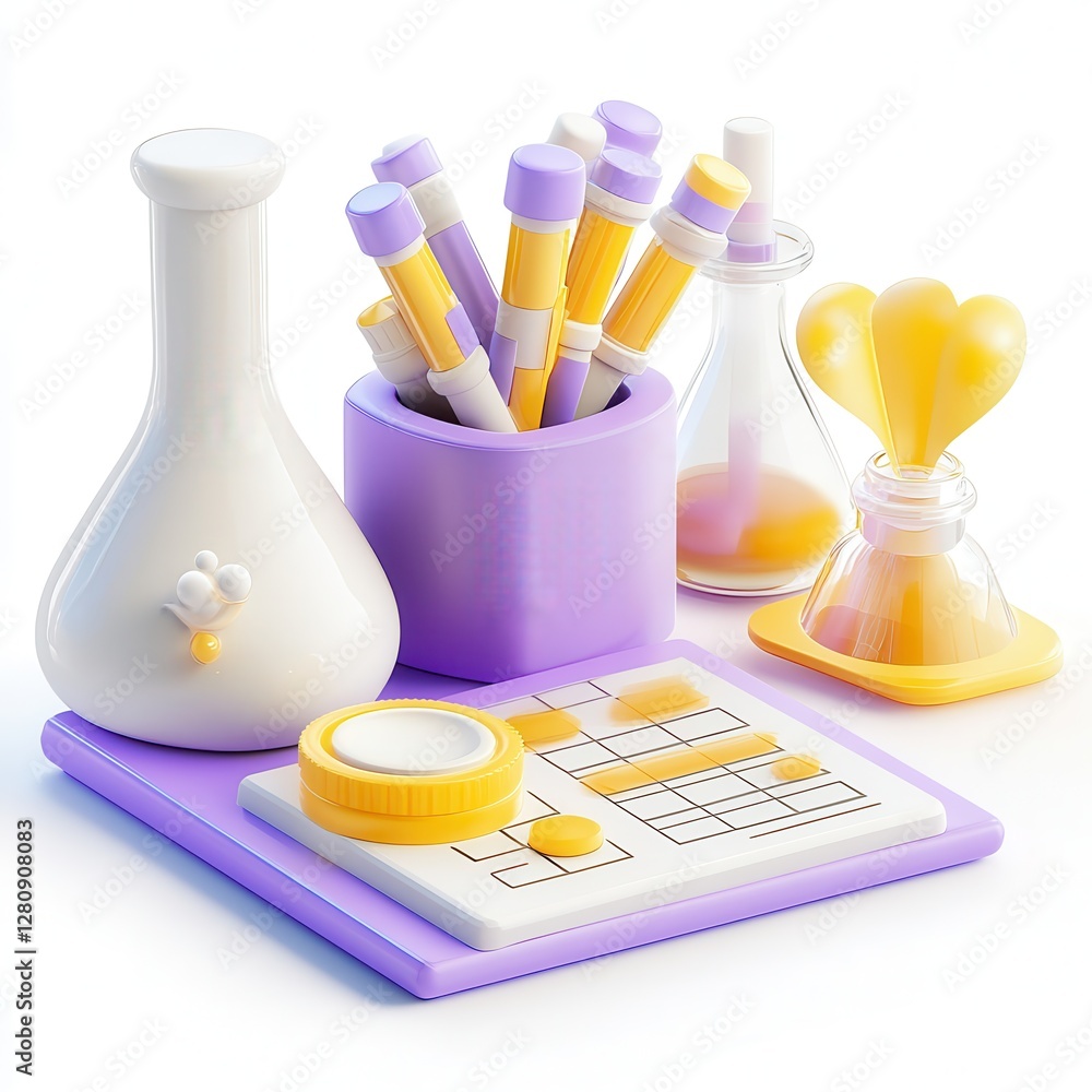 Poster a colorful laboratory setup featuring various test tubes, beakers, and a laboratory notebook on a pu