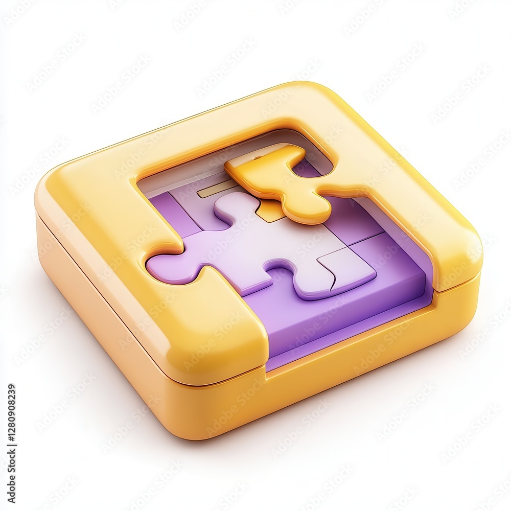 Poster a colorful 3d puzzle box featuring a purple puzzle piece partially inserted into a yellow square con