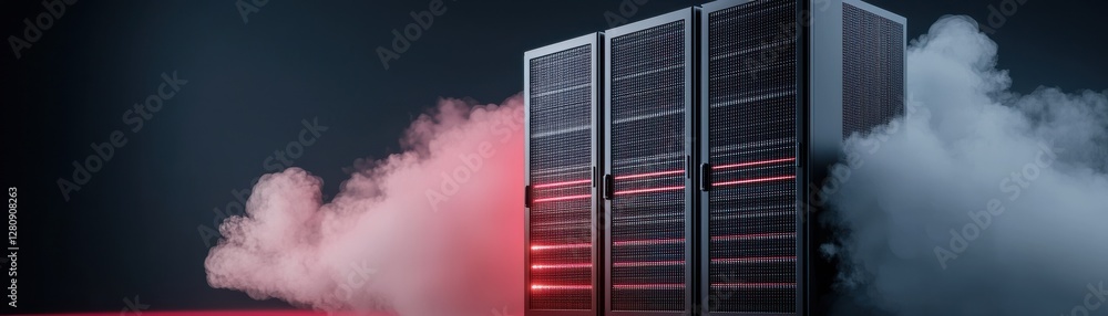 Aufkleber futuristic data center with server racks surrounded by colorful fog and ambient lighting effects