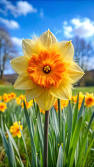 Fototapeta premium A daffodil with petals that curl inward when touched by rain resembling a playful wink